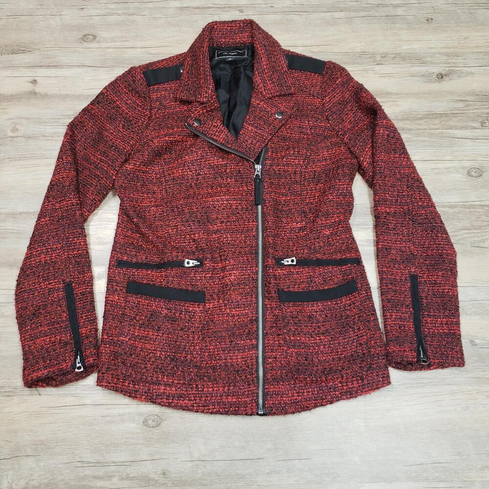 Lucky Brand Jacket Womens Small Red Tweed Moto Zip Pockets Lined Collared